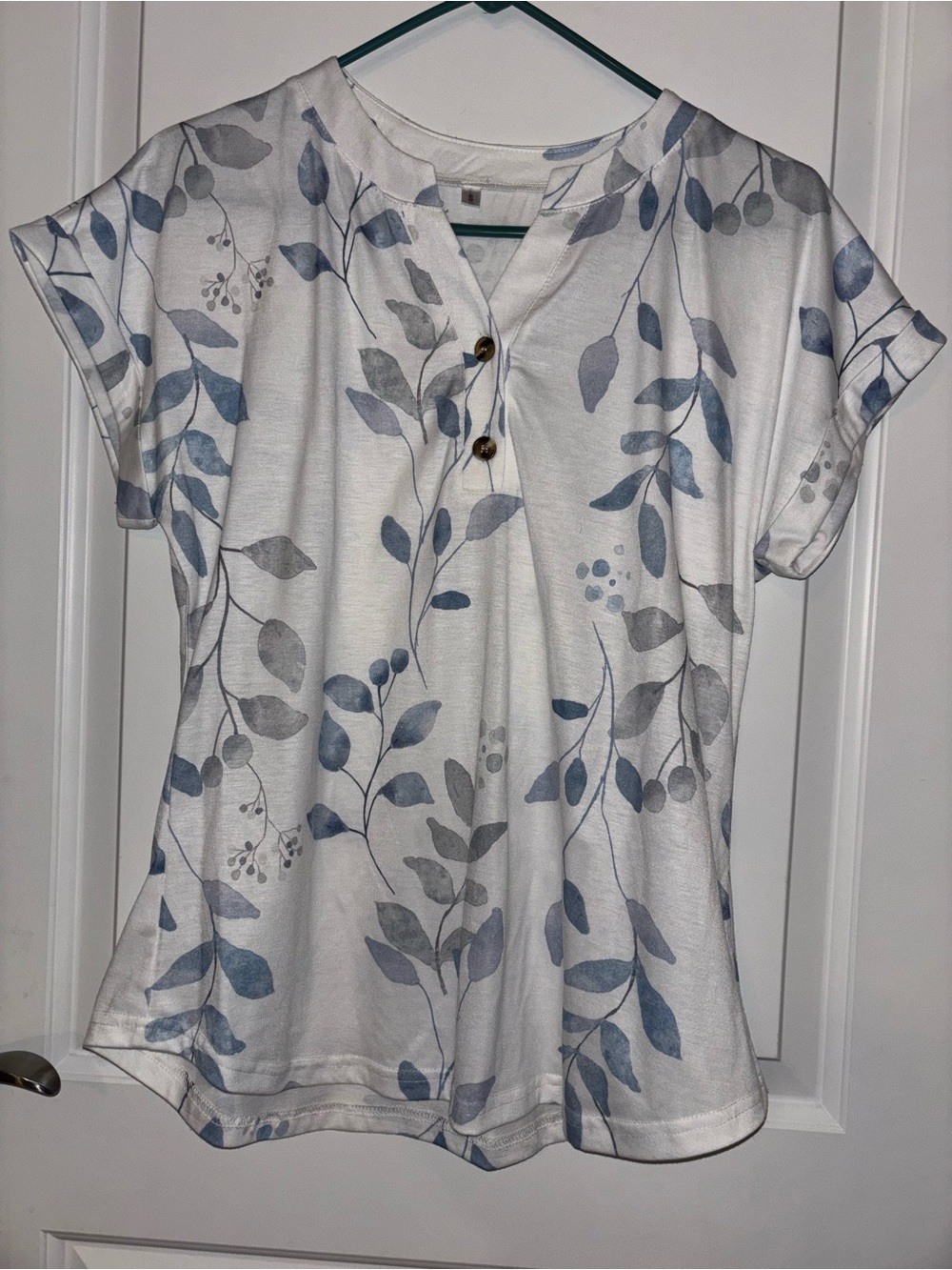 Women's Short Sleeve Henley Top in Blue Leaf Print